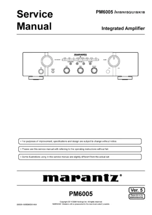 Marantz pm6005 service manual cover with a photograph of this device, model type and code, manual contents and modification notice.
