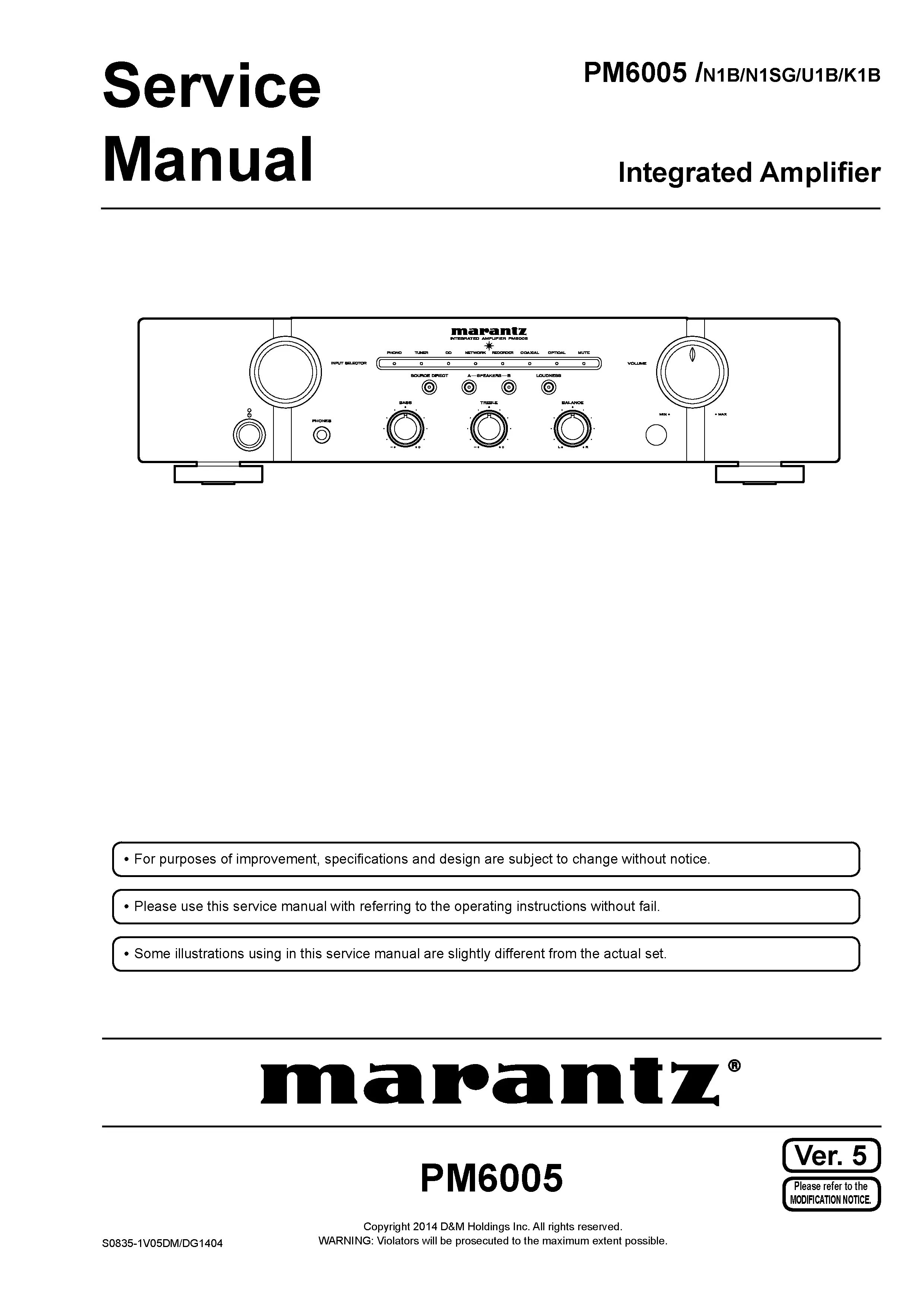 Marantz pm6005 service manual cover with a photograph of this device, model type and code, manual contents and modification notice.