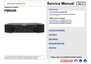 Marantz pm6006 service manual cover with a photograph of this device, model type and code, manual contents and modification notice.