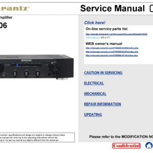 Marantz pm6006 service manual cover with a photograph of this device, model type and code, manual contents and modification notice.