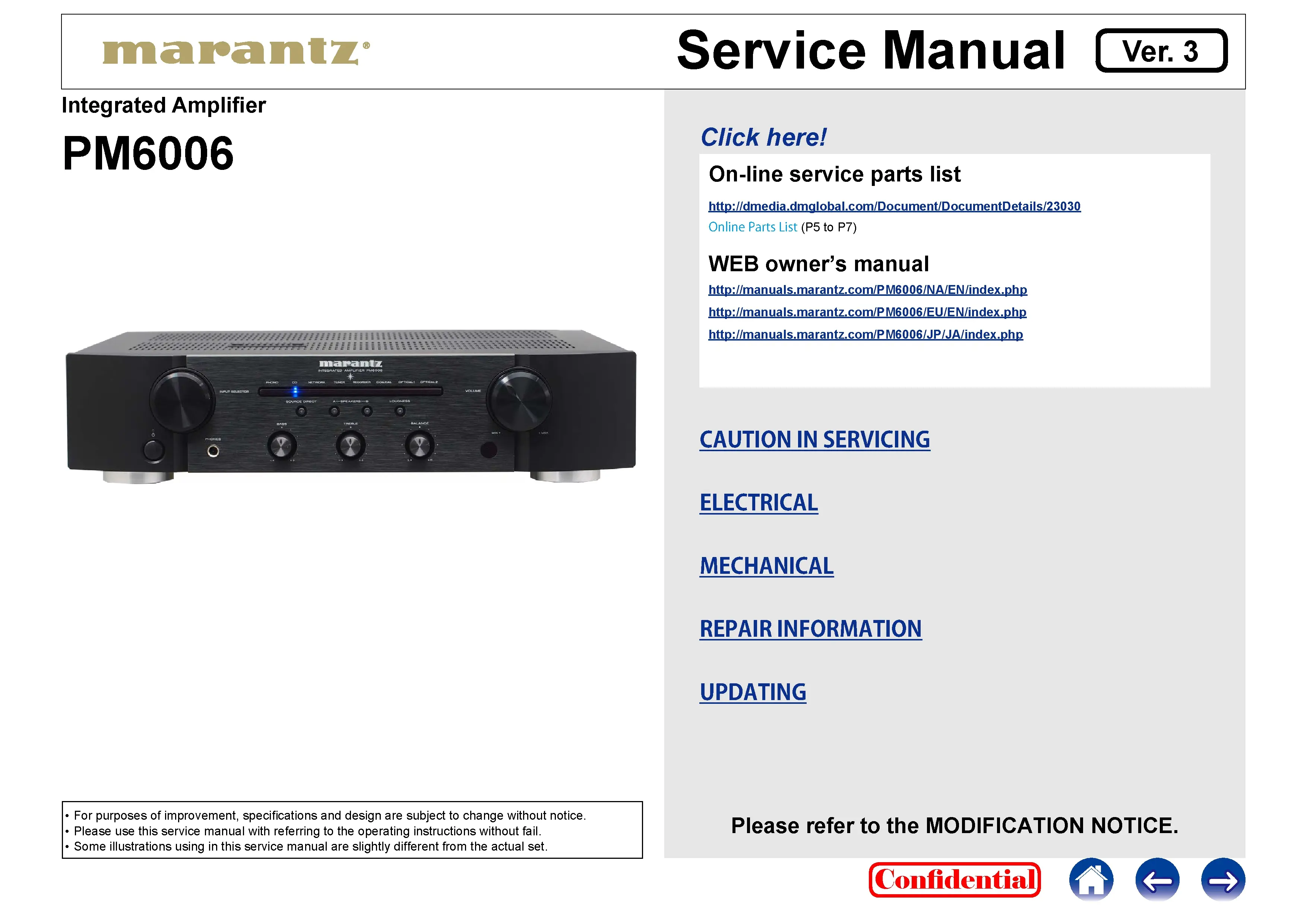 Marantz pm6006 service manual cover with a photograph of this device, model type and code, manual contents and modification notice.