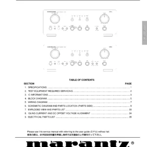 Marantz pm7000 pm7200 pm8000 service manual cover with a photograph of this device, model type and code, manual contents and modification notice.