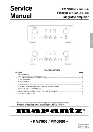 Marantz pm7000 pm7200 pm8000 service manual cover with a photograph of this device, model type and code, manual contents and modification notice.