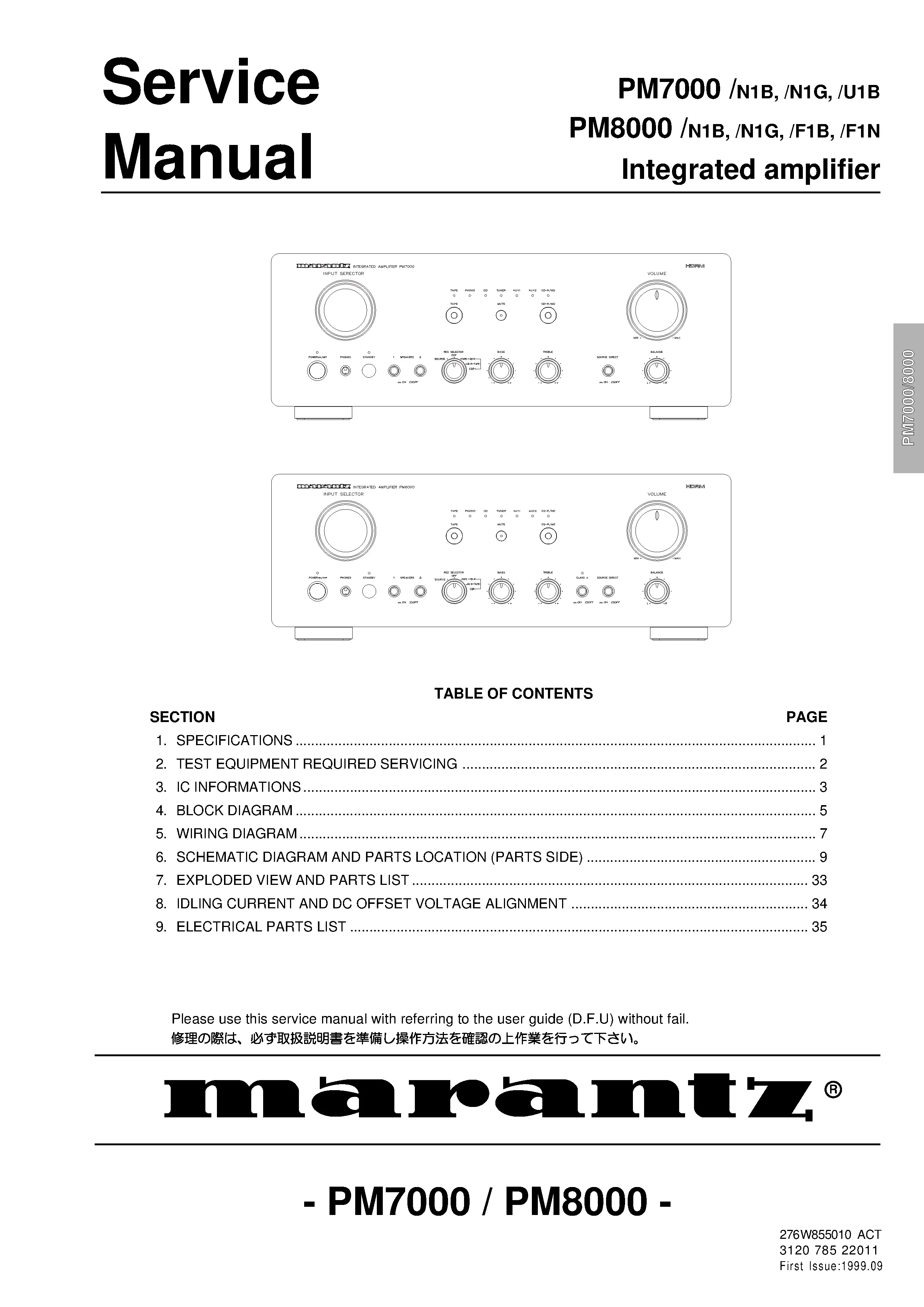 Marantz pm7000 pm7200 pm8000 service manual cover with a photograph of this device, model type and code, manual contents and modification notice.