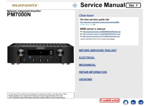 Marantz pm7000n service manual cover with a photograph of this device, model type and code, manual contents and modification notice.