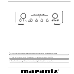 Marantz pm7001 service manual cover with a photograph of this device, model type and code, manual contents and modification notice.