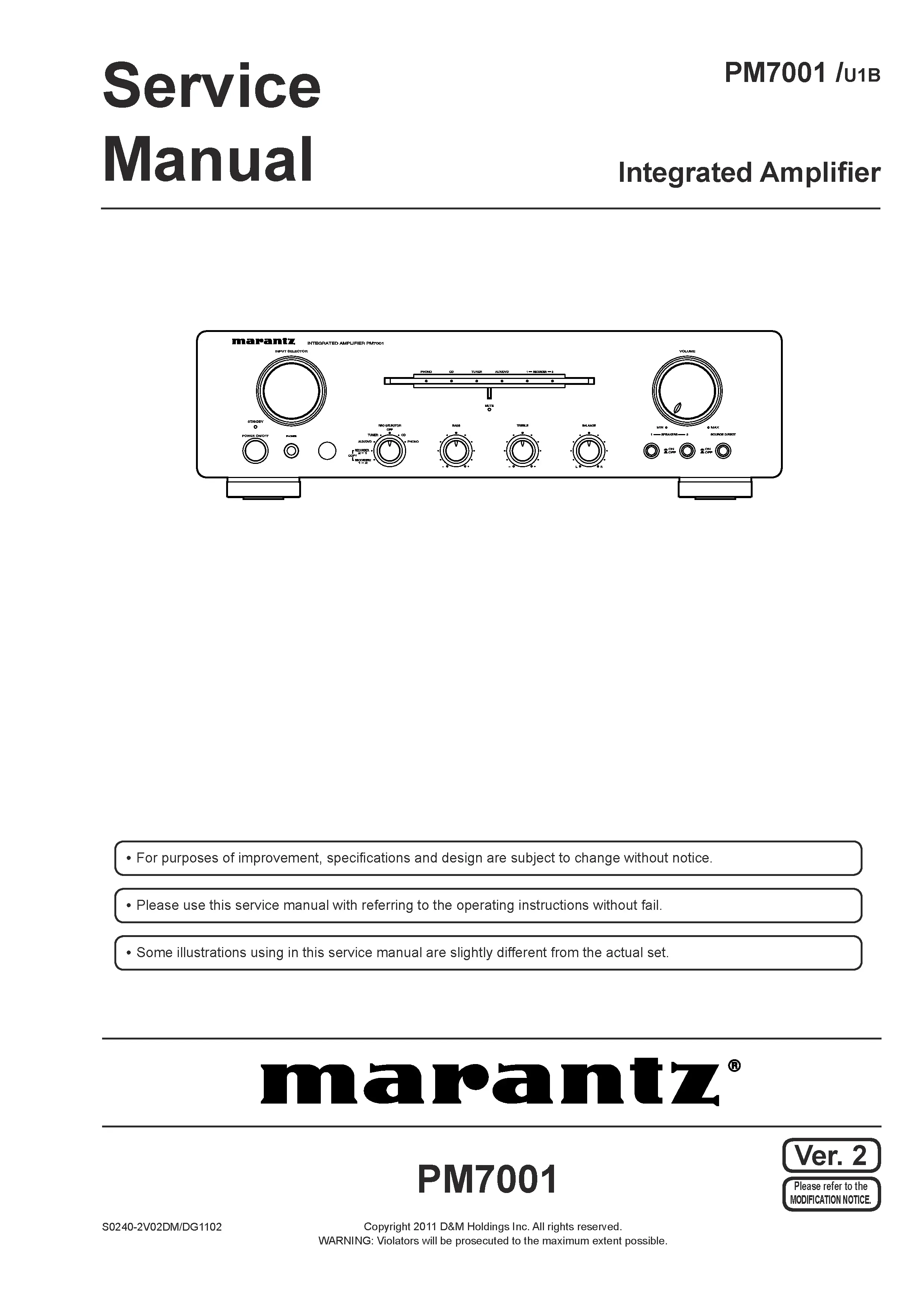 Marantz pm7001 service manual cover with a photograph of this device, model type and code, manual contents and modification notice.