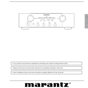 Marantz pm8004 service manual cover with a photograph of this device, model type and code, manual contents and modification notice.