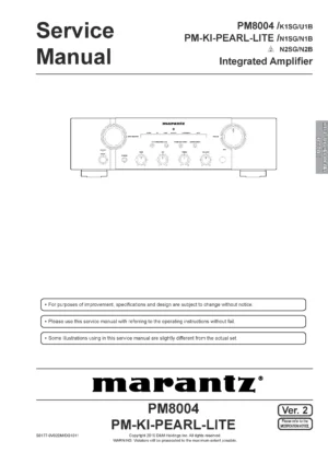 Marantz pm8004 service manual cover with a photograph of this device, model type and code, manual contents and modification notice.