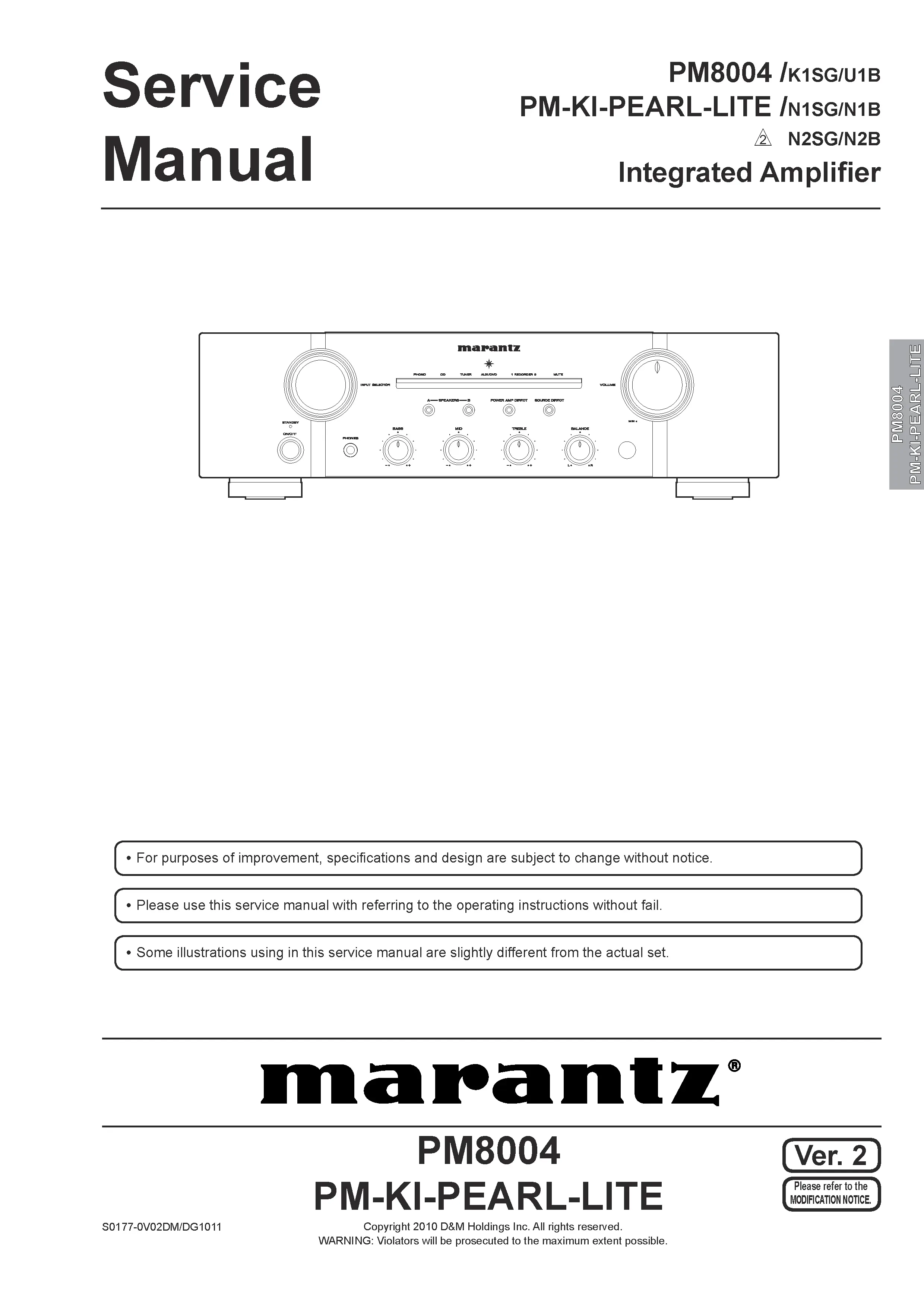 Marantz pm8004 service manual cover with a photograph of this device, model type and code, manual contents and modification notice.