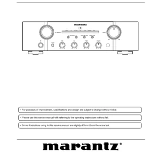 Marantz pm8005 service manual cover with a photograph of this device, model type and code, manual contents and modification notice.