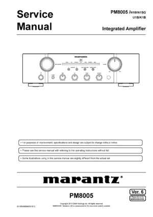 Marantz pm8005 service manual cover with a photograph of this device, model type and code, manual contents and modification notice.
