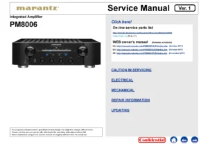 Marantz pm8006 service manual cover with a photograph of this device, model type and code, manual contents and modification notice.