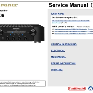 Marantz pm8006 service manual cover with a photograph of this device, model type and code, manual contents and modification notice.