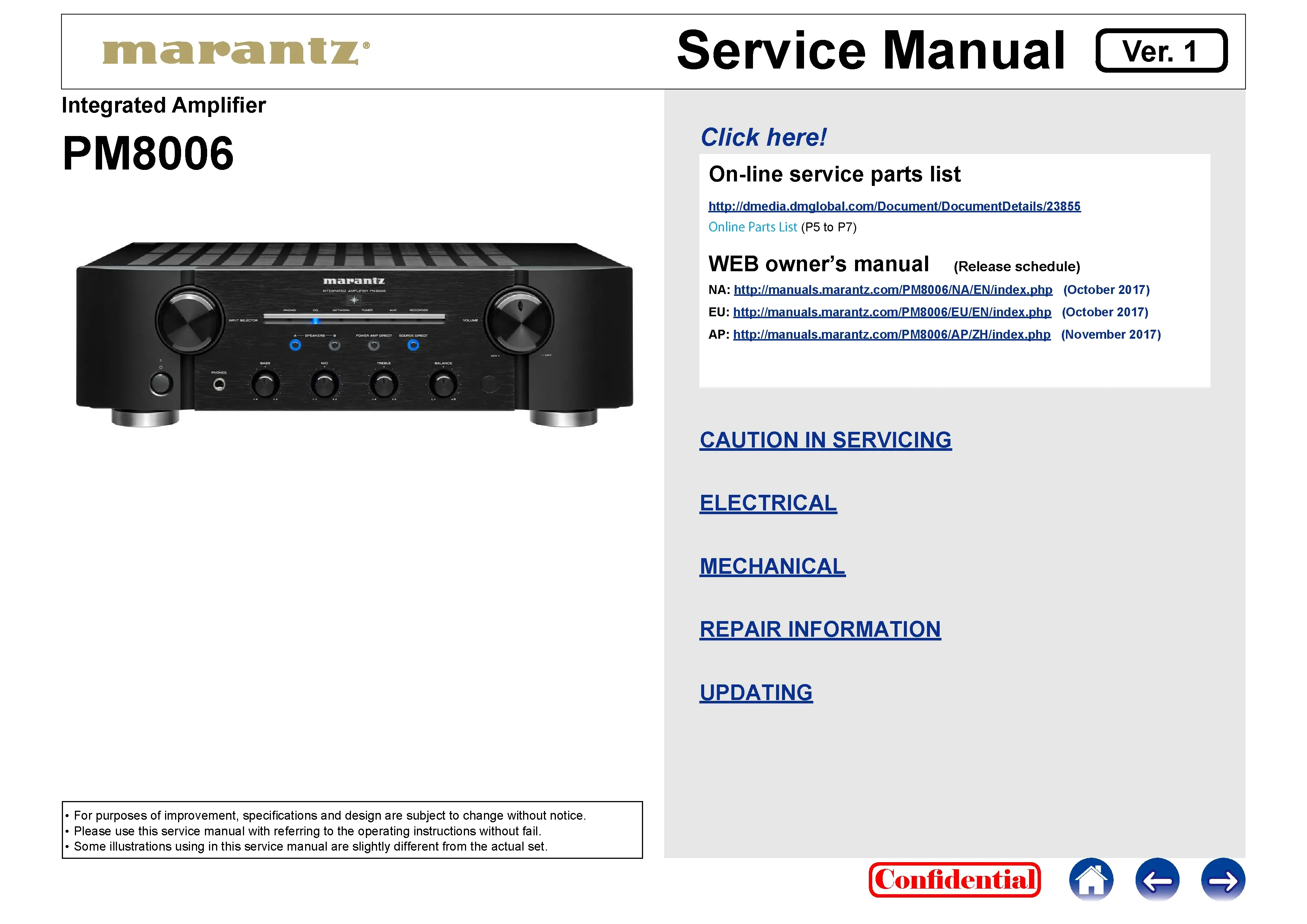 Marantz pm8006 service manual cover with a photograph of this device, model type and code, manual contents and modification notice.
