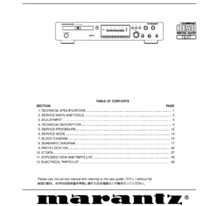 Marantz pmd325 service manual cover with a photograph of this device, model type and code, manual contents and modification notice.