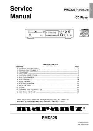 Marantz pmd325 service manual cover with a photograph of this device, model type and code, manual contents and modification notice.