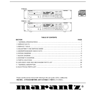 Marantz pmd330 pmd331 pmd340 service manual cover with a photograph of this device, model type and code, manual contents and modification notice.
