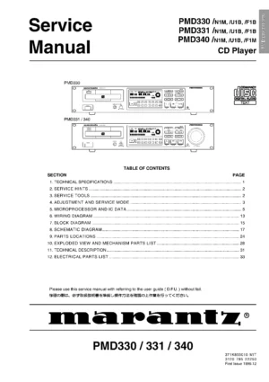 Marantz pmd330 pmd331 pmd340 service manual cover with a photograph of this device, model type and code, manual contents and modification notice.