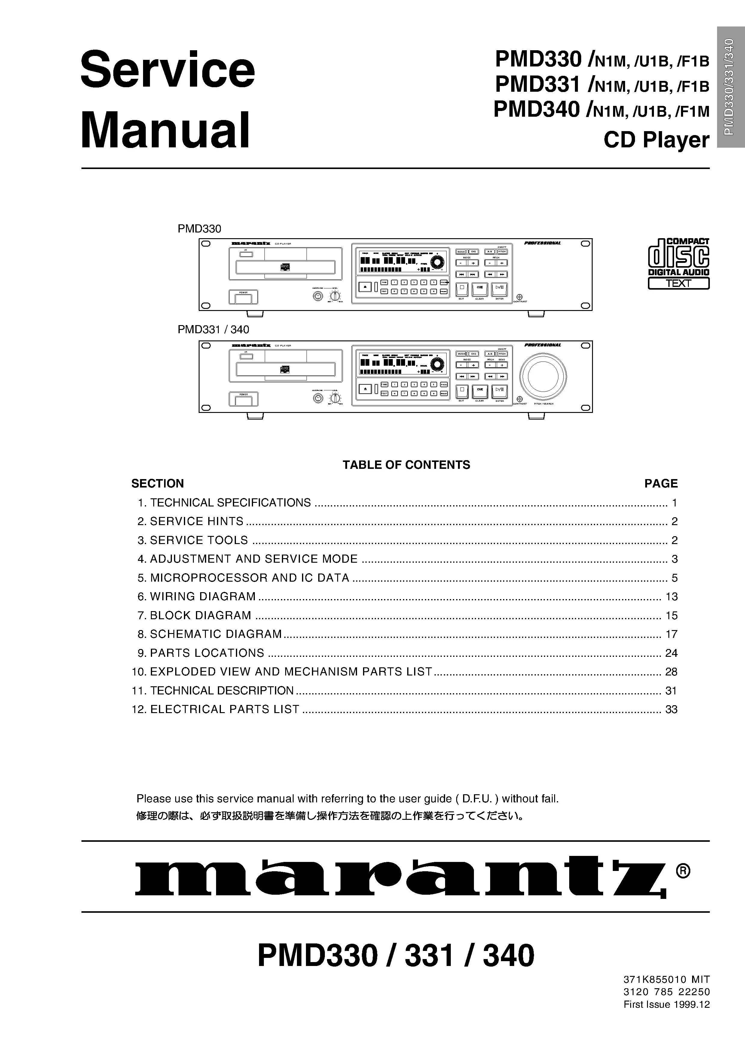 Marantz pmd330 pmd331 pmd340 service manual cover with a photograph of this device, model type and code, manual contents and modification notice.