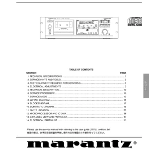 Marantz pmd351 service manual cover with a photograph of this device, model type and code, manual contents and modification notice.