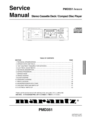 Marantz pmd351 service manual cover with a photograph of this device, model type and code, manual contents and modification notice.