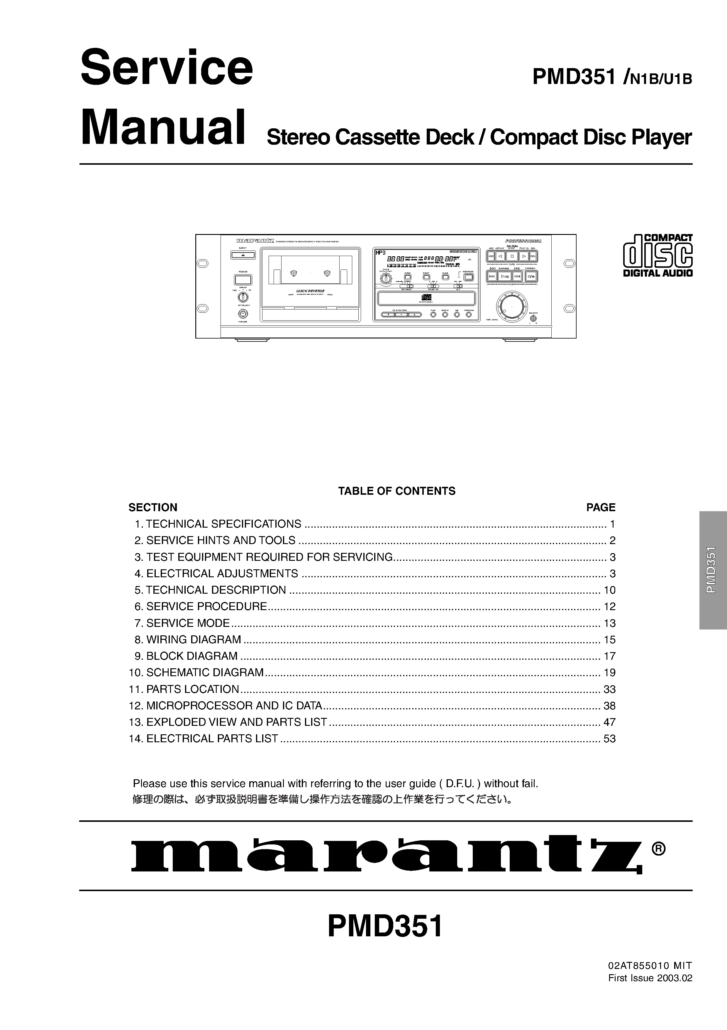 Marantz pmd351 service manual cover with a photograph of this device, model type and code, manual contents and modification notice.