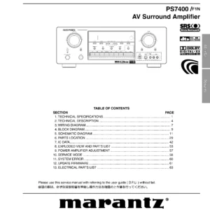 Marantz ps7400 sr7400 sr8400 service manual cover with a photograph of this device, model type and code, manual contents and modification notice.