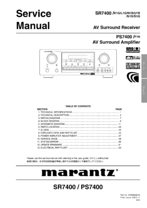 Marantz ps7400 sr7400 sr8400 service manual cover with a photograph of this device, model type and code, manual contents and modification notice.