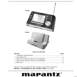 Marantz rc9001 service manual cover with a photograph of this device, model type and code, manual contents and modification notice.