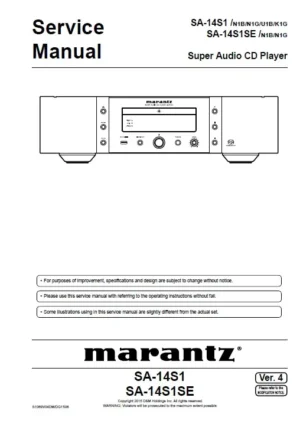 Marantz sa 14s1 service manual cover with a photograph of this device, model type and code, manual contents and modification notice.