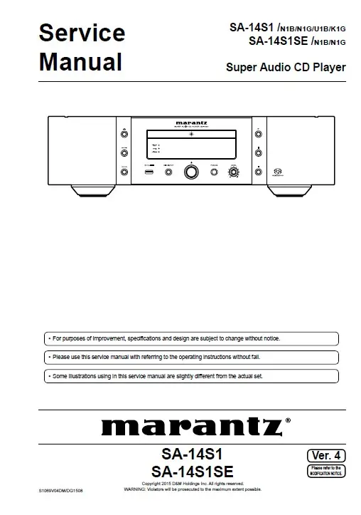 Marantz sa 14s1 service manual cover with a photograph of this device, model type and code, manual contents and modification notice.