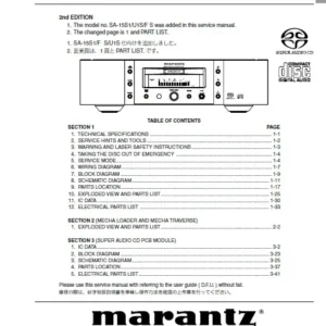 Marantz sa 15s1 service manual cover with a photograph of this device, model type and code, manual contents and modification notice.