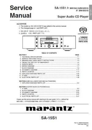 Marantz sa 15s1 service manual cover with a photograph of this device, model type and code, manual contents and modification notice.