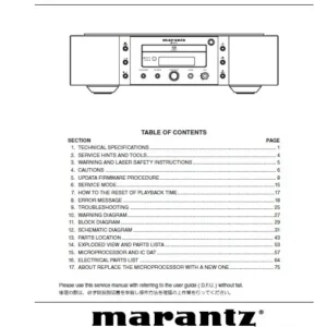 Marantz sa ki pearl service manual cover with a photograph of this device, model type and code, manual contents and modification notice.