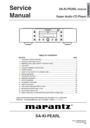 Marantz sa ki pearl service manual cover with a photograph of this device, model type and code, manual contents and modification notice.