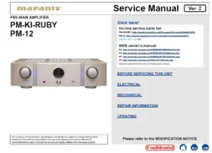 Marantz sa ki ruby service manual cover with a photograph of this device, model type and code, manual contents and modification notice.
