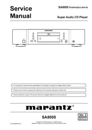 Marantz sa8005 service manual cover with a photograph of this device, model type and code, manual contents and modification notice.