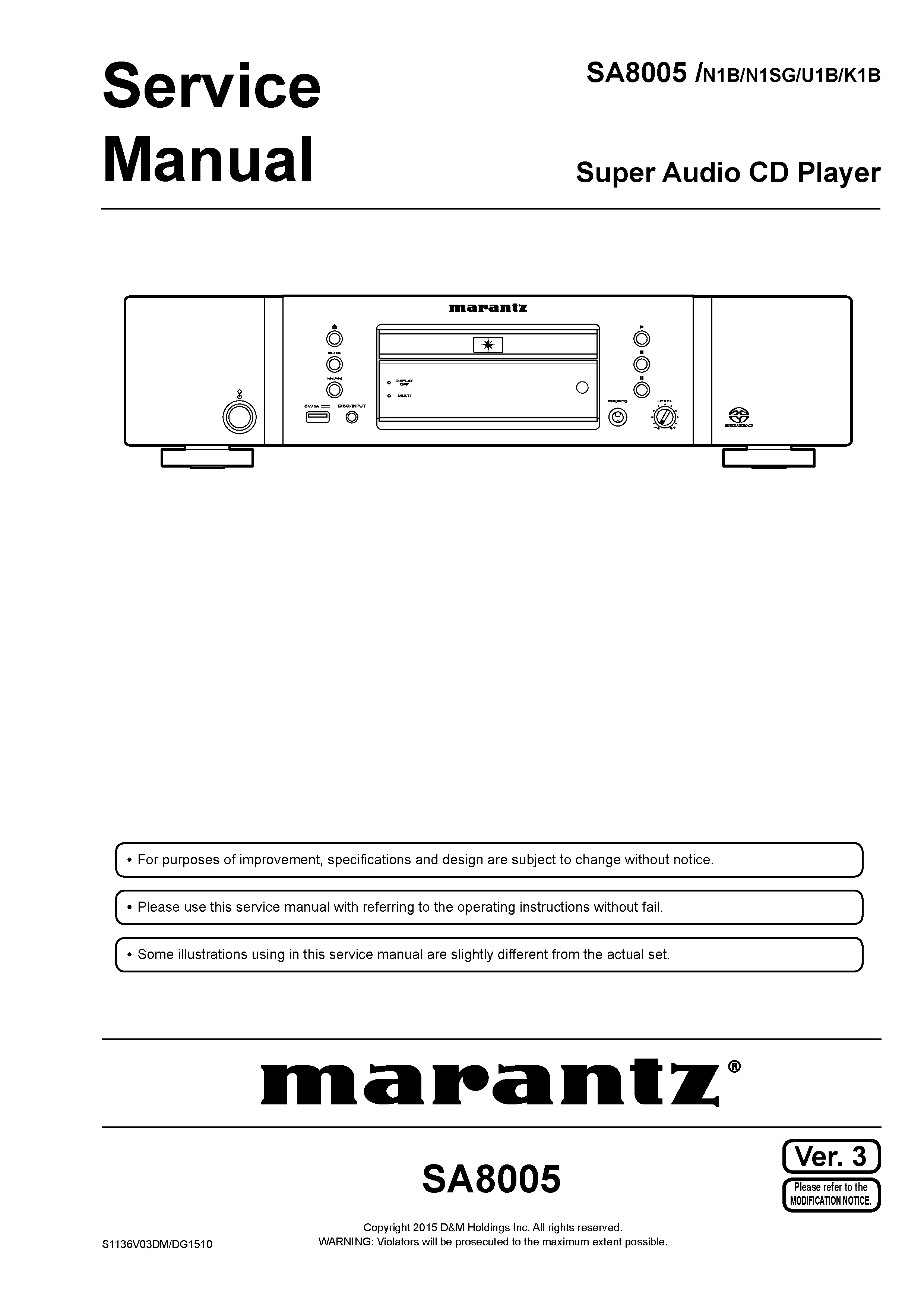 Marantz sa8005 service manual cover with a photograph of this device, model type and code, manual contents and modification notice.