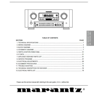 Marantz sr 14ex 14mk2 17ex 18ex service manual cover with a photograph of this device, model type and code, manual contents and modification notice.