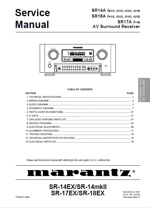 Marantz sr 14ex 14mk2 17ex 18ex service manual cover with a photograph of this device, model type and code, manual contents and modification notice.
