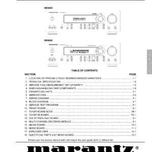 Marantz sr3000 sr4000 service manual cover with a photograph of this device, model type and code, manual contents and modification notice.