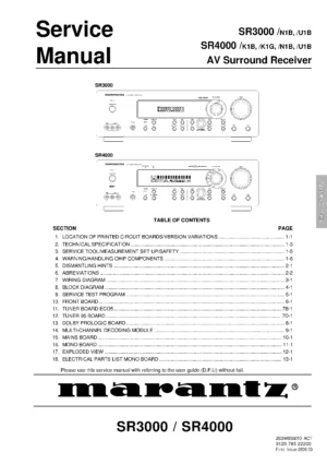 Marantz sr3000 sr4000 service manual cover with a photograph of this device, model type and code, manual contents and modification notice.