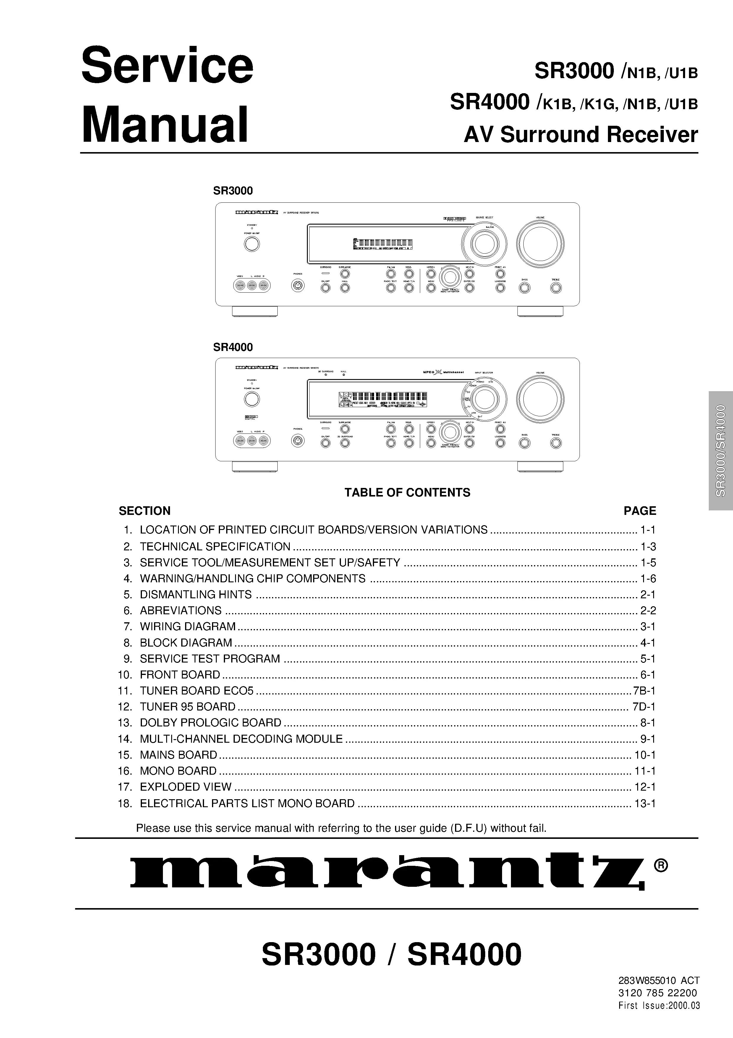 Marantz sr3000 sr4000 service manual cover with a photograph of this device, model type and code, manual contents and modification notice.
