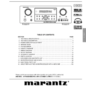 Marantz sr4001 service manual cover with a photograph of this device, model type and code, manual contents and modification notice.