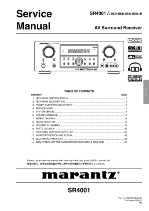 Marantz sr4001 service manual cover with a photograph of this device, model type and code, manual contents and modification notice.