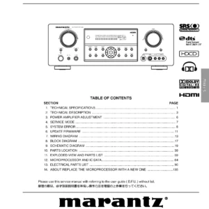 Marantz sr4002 service manual cover with a photograph of this device, model type and code, manual contents and modification notice.