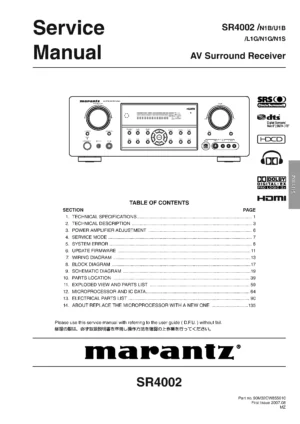 Marantz sr4002 service manual cover with a photograph of this device, model type and code, manual contents and modification notice.