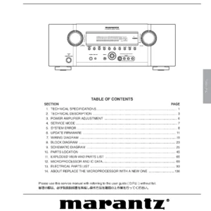 Marantz sr4003 service manual cover with a photograph of this device, model type and code, manual contents and modification notice.