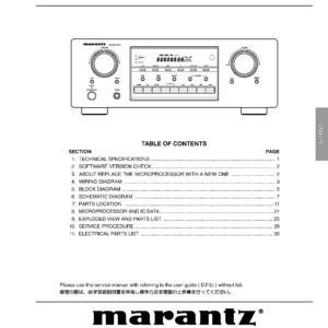 Marantz sr4021 service manual cover with a photograph of this device, model type and code, manual contents and modification notice.
